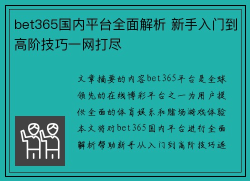 bet365国内平台全面解析 新手入门到高阶技巧一网打尽
